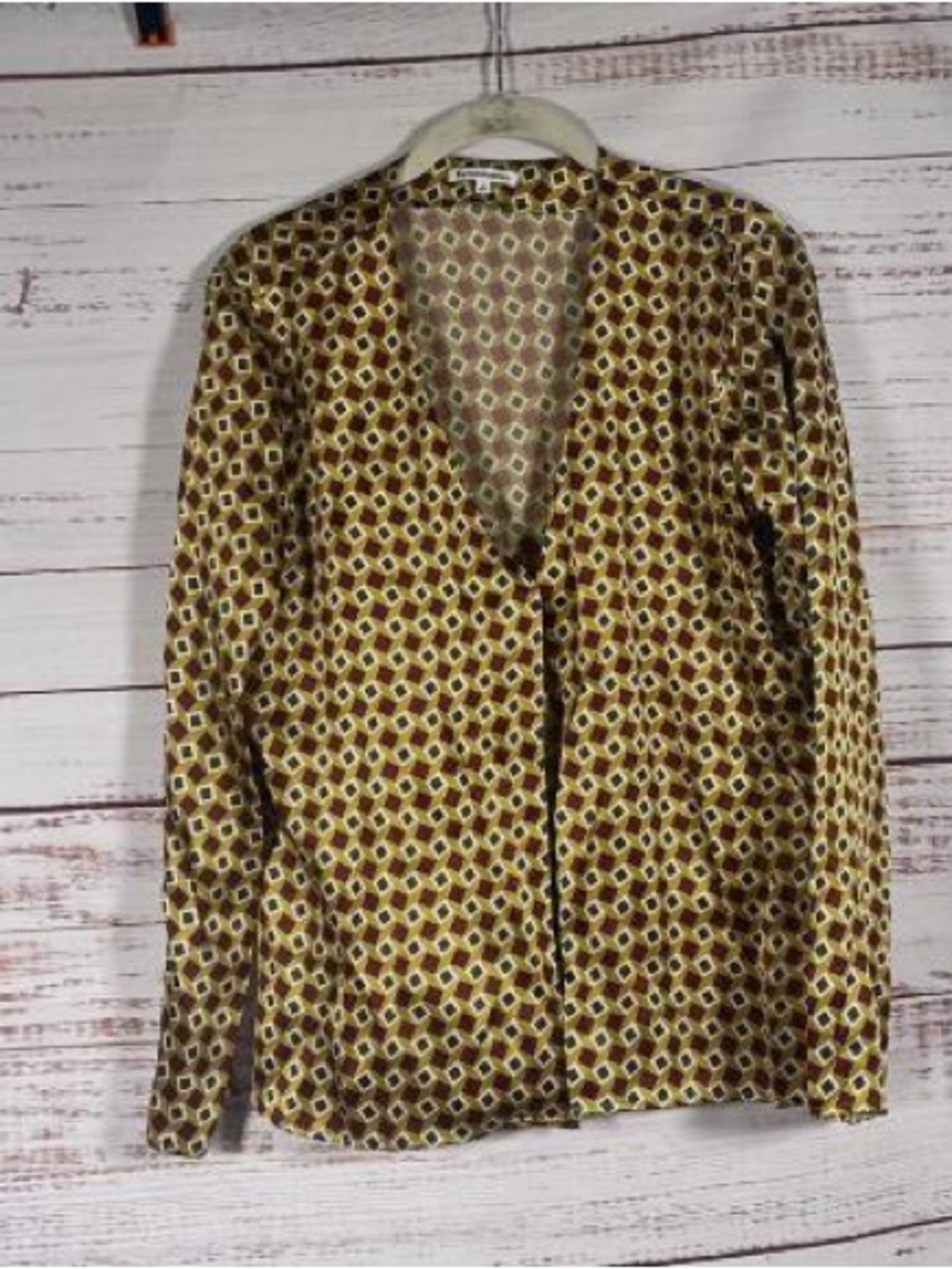 Reformation Geometric Print Open-Front Blazer Jacket in Mustard and Brown